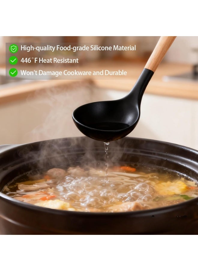 طقم أدوات مطبخ سيليكون 12 قطعة غير لاصق بمقابض خشبية (أسود) - Image 4